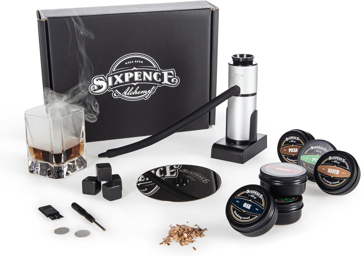 Sixpence Alchemy Cocktail and Food Smoke Infuser with Wood Chips - Portable Kitchen Smoking Gun - Indoor Smoker Kit for Drinks (Whiskey, Old Fashioned, Bourbon) and Food (Cheese, Meat, Fish)