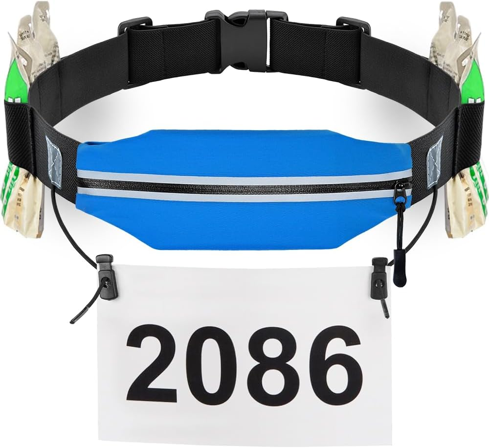 Slim Running Belt Race Number Belt Runners Pouch Triathlon Race Belt BIB Holder with 6 Energy Gel Loops for Workout, Jogging, Triathalon, Marathon, Running and Cycling, 01 Black, One Size