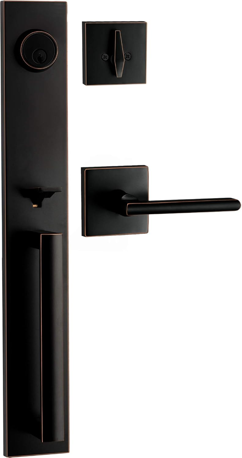 Berlin Modisch Full Escutcheon Handleset Front Door Entry Handle and Deadbolt Lock Set Slim Square Single Cylinder Deadbolt and Lever Heavy Duty &ndash; Iron Black Finish