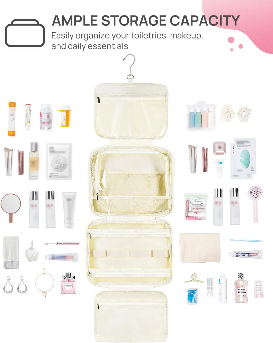 DDPOND Travel Toiletry Bag with Jewelry Organizer for Women, Puffy Hanging Makeup Bag Lightweight Cosmetic Bag Organizer for Travel Essentials - Beige image number 2