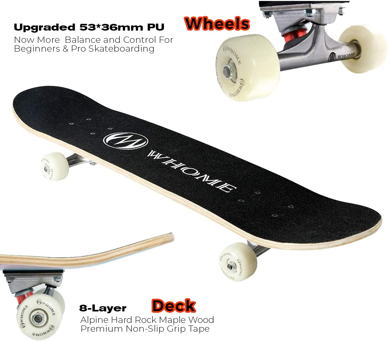 WHOME 31 Inch Double Kick Concave Skateboard Complete Maple Deck PU Wheels ABEC-9 Bearings for Youths Adults Kids Includes T-Tool image number 4