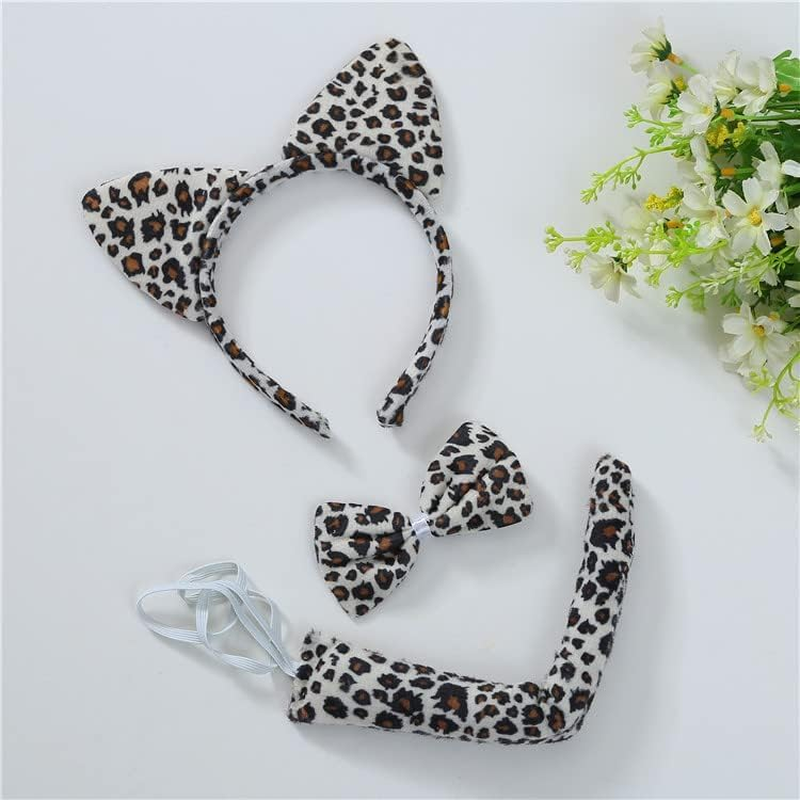LEEMASING Animal Ears Tail Bow Costume Set for Halloween Cosplay Party Costume Accessory (White Leopard Print)