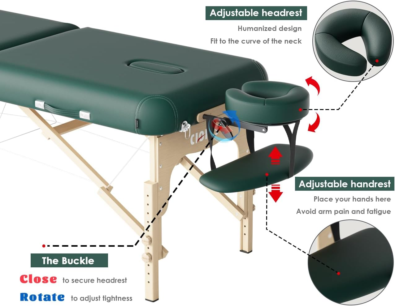 CLORIS 84" Professional Massage Table Portable 2 Folding Lightweight Facial Salon Spa Tattoo Bed Height Adjustable with Carrying Bag & Wooden Leg Hold up to 1100LBS Green image number 3