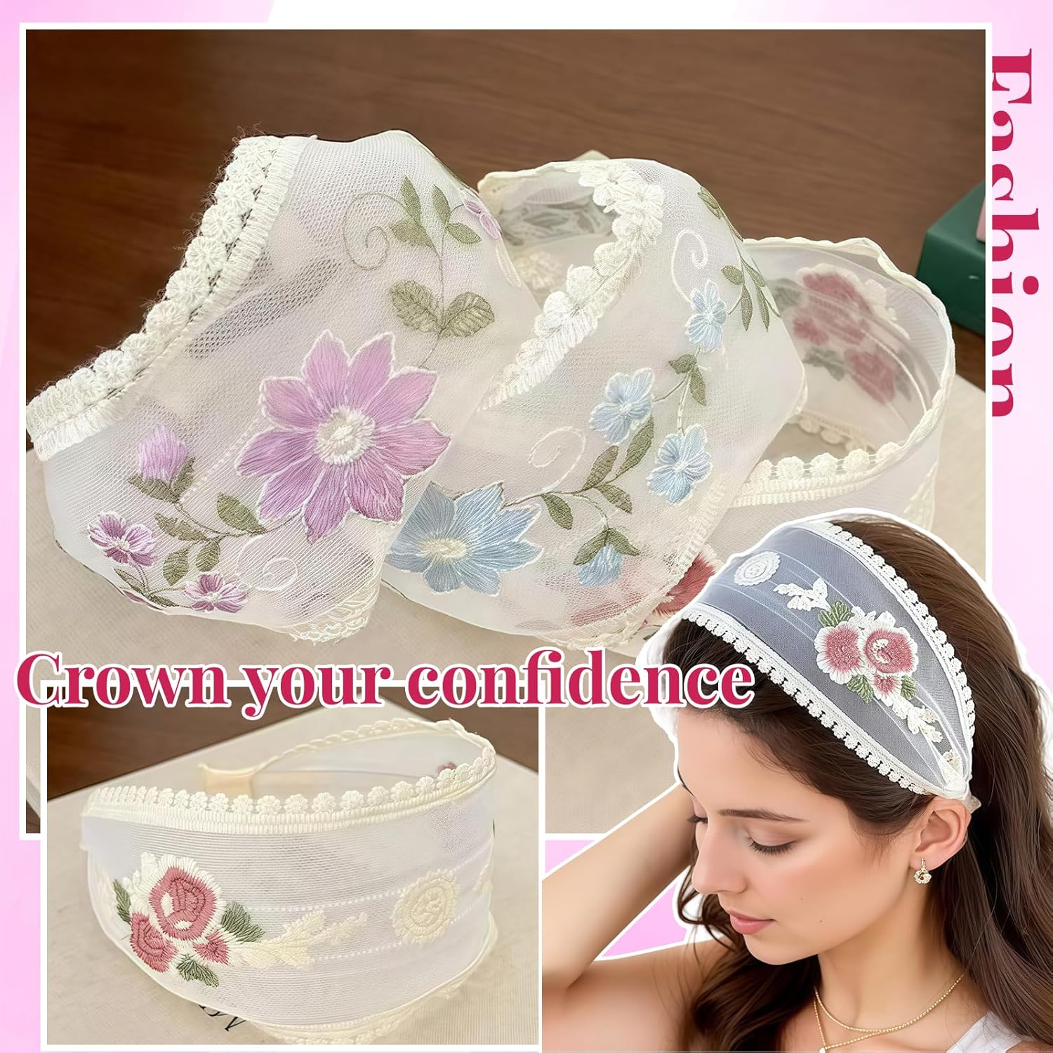 Pack of 3 Women'S Wide Hair Bands, 9 Cm, Floral Embroidery Mesh Hairband, Comfortable Non-Slip Hair Bands with Comb Teeth for Women and Girls, Hair Accessories (9 Cm Style B, One Size) image number 4