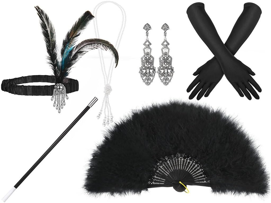 WOTOW 20S Accessories for Women - Roaring 20S Costumes Great Gatsby Accessories with Feather Headband Pearl Necklace Elegant Gloves Vintage Earrings Black Feather Fan for Party, 6PCS image number 4