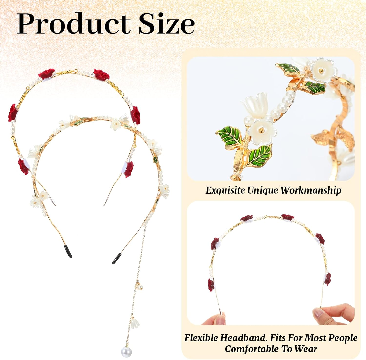 Heclia Hair Accessories for Flower Girl Wedding 2 Pieces Golden Vine Leaf Boho Headband and Vintage Red Rose Renaissance Accessories Bridal Beads Headpiece Wedding Princess Fairy Headband image number 2