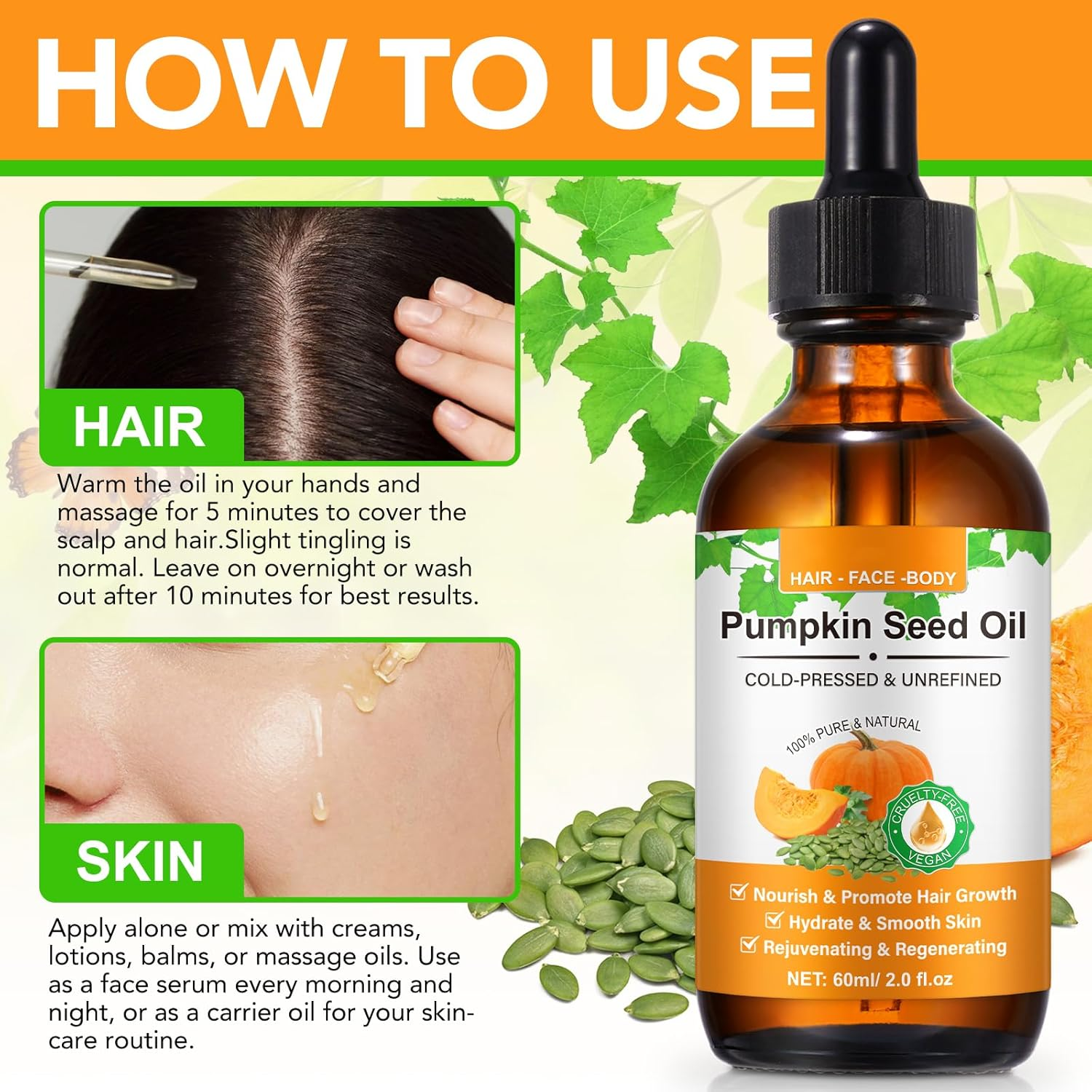 Pumpkin Seed Oil for Hair Growth, Organic Pumpkin Seed Oil, 100% Pure, Moisturizing Scalp, for All Hair Types, 2.0 Fl Oz image number 3