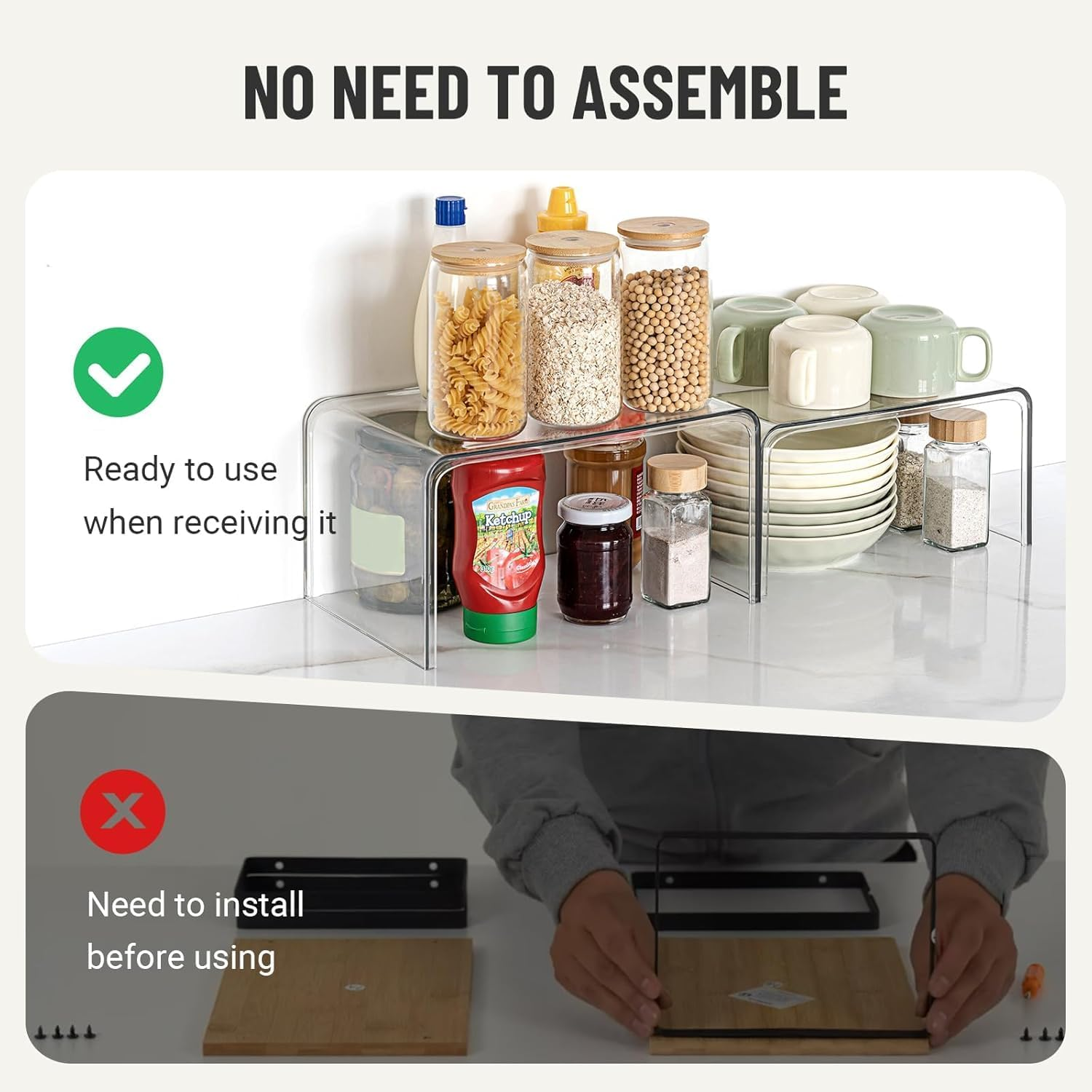 Clear Cabinet Organizer, Kitchen Organizers and Storage, Display Pantry Cabinet Shelf Room Decor Countertop Desk Organizer Shelves, Patented Spice Organization, 2 Packs image number 3