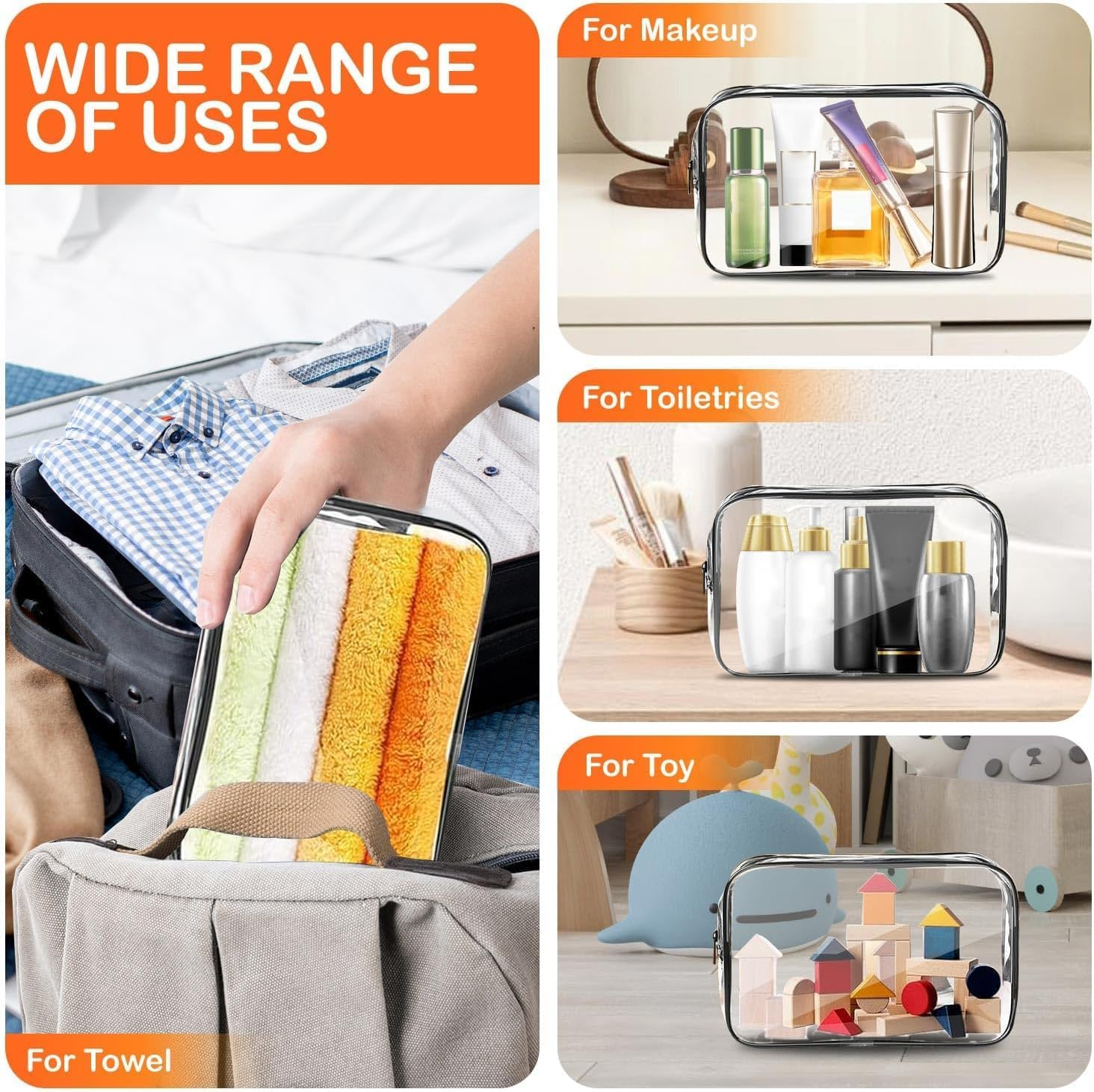 Waterproof Quart Size Travel Makeup Cosmetic Bag, 3Pcs PVC Zippered Toiletry Carry Pouch, Clear Travel Makeup Toiletry Bag, Quart-Sized Clear Cosmetic Makeup Pouch image number 4