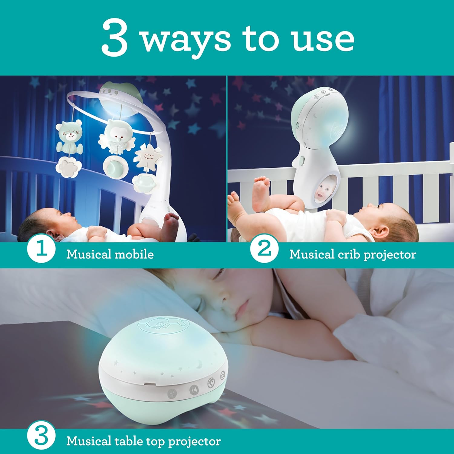 Infantino 3-In-1 Musical Mobile, Transformable Mobile into Projector and Night Light with Alarm Mode, 6 Integrated Melodies and 4 Sounds Nature, Sage image number 6