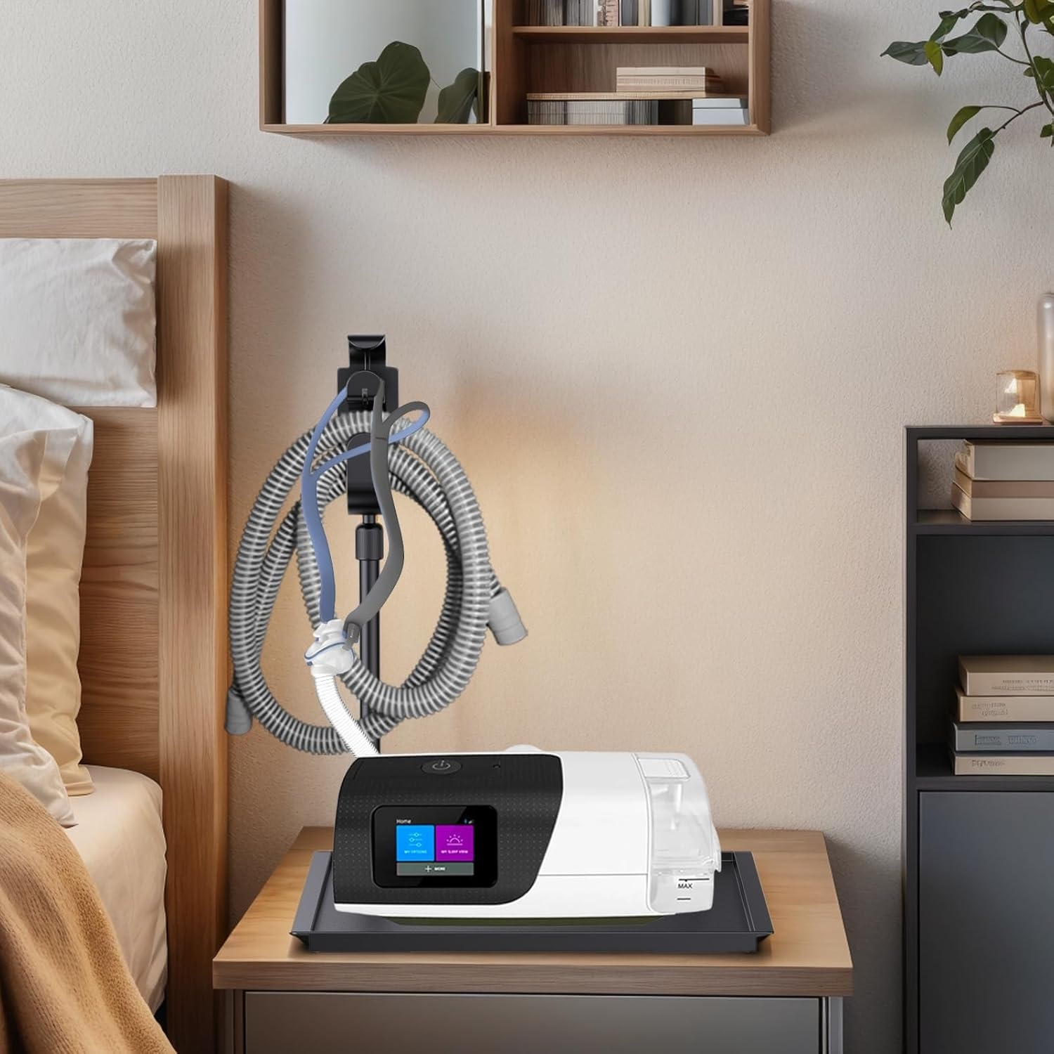 CPAP Protector Mat & CPAP Hose Holder - Bedside Organizer with Retractable CPAP Hook for CPAP Mask & Tubing, Keeps CPAP Supplies Neat and Tidy, Enhances Sleep Quality (Black) image number 1