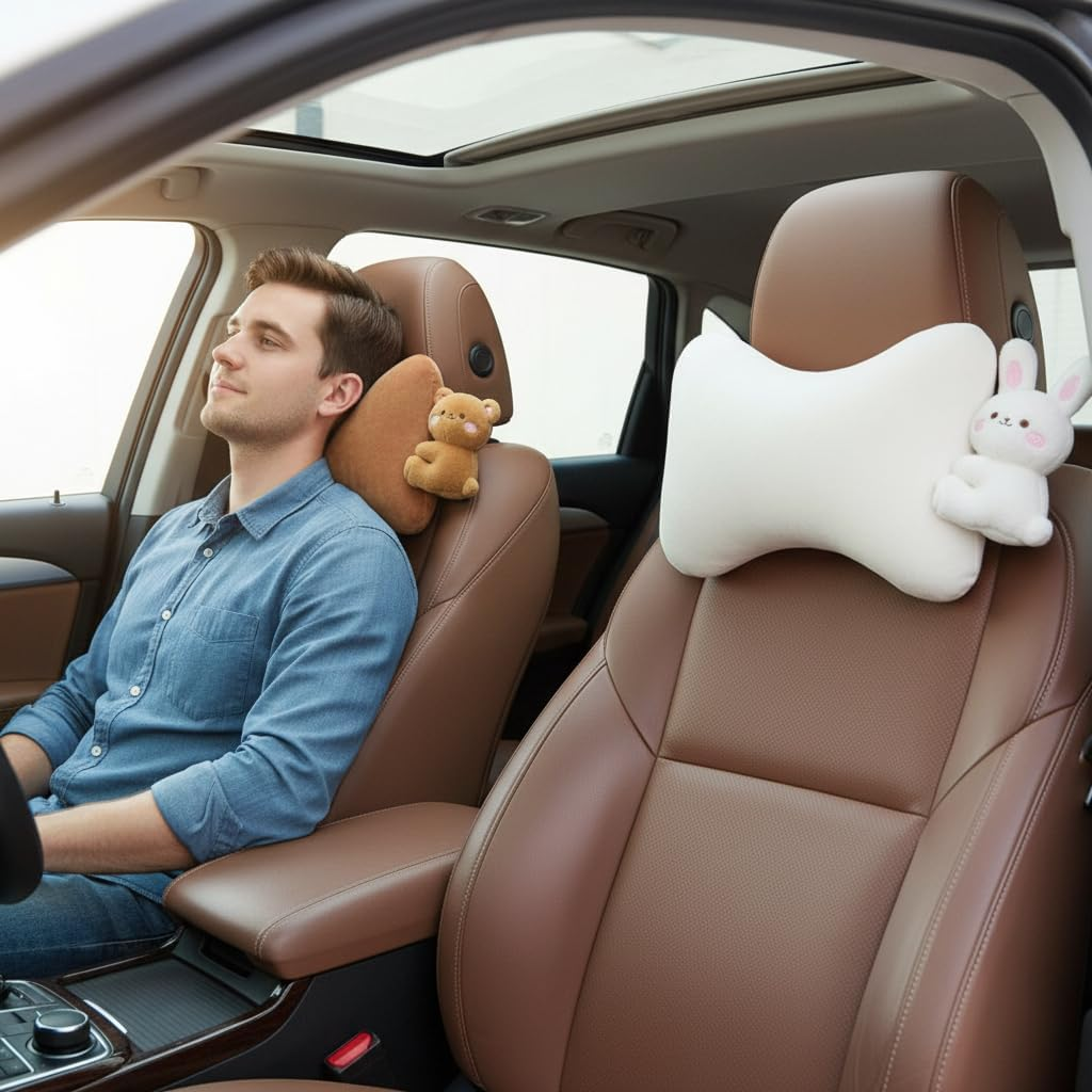 Car Headrest Pillow 2PCS Plush Bear ＆ Bunny Car Seat Headrest Pillow - Memory Foam Neck Support Cushions for Comfortable Driving, Easy Install & Washable (Bear+Rabbit) image number 4