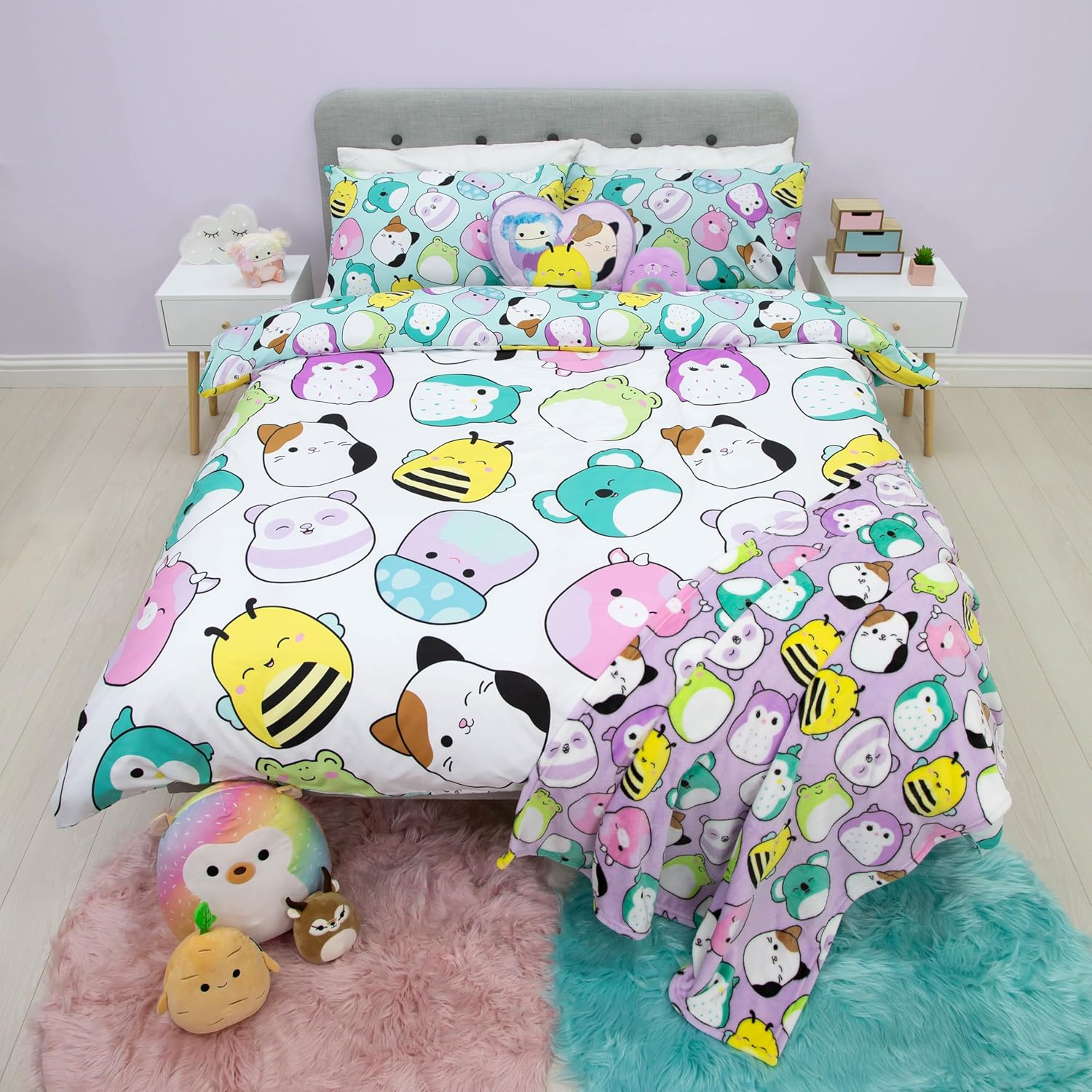 Squishmallows Official Double Duvet Cover Set, Happy Design | Reversible 2 Sided Squish Characters Bedding Cover Official Merchandise Including Matching Pillow Cases