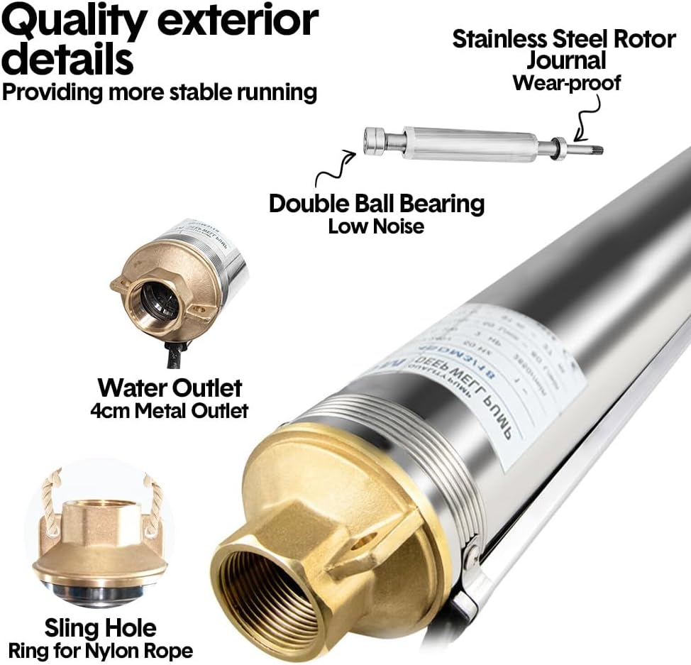 ALSTON 1HP 0.75W 220V Stainless Steel Deep Well Water Pump Submersible Bore Pump Head Max 58M/70L per Minute for Industrial Irrigation Livestock Home Use image number 3