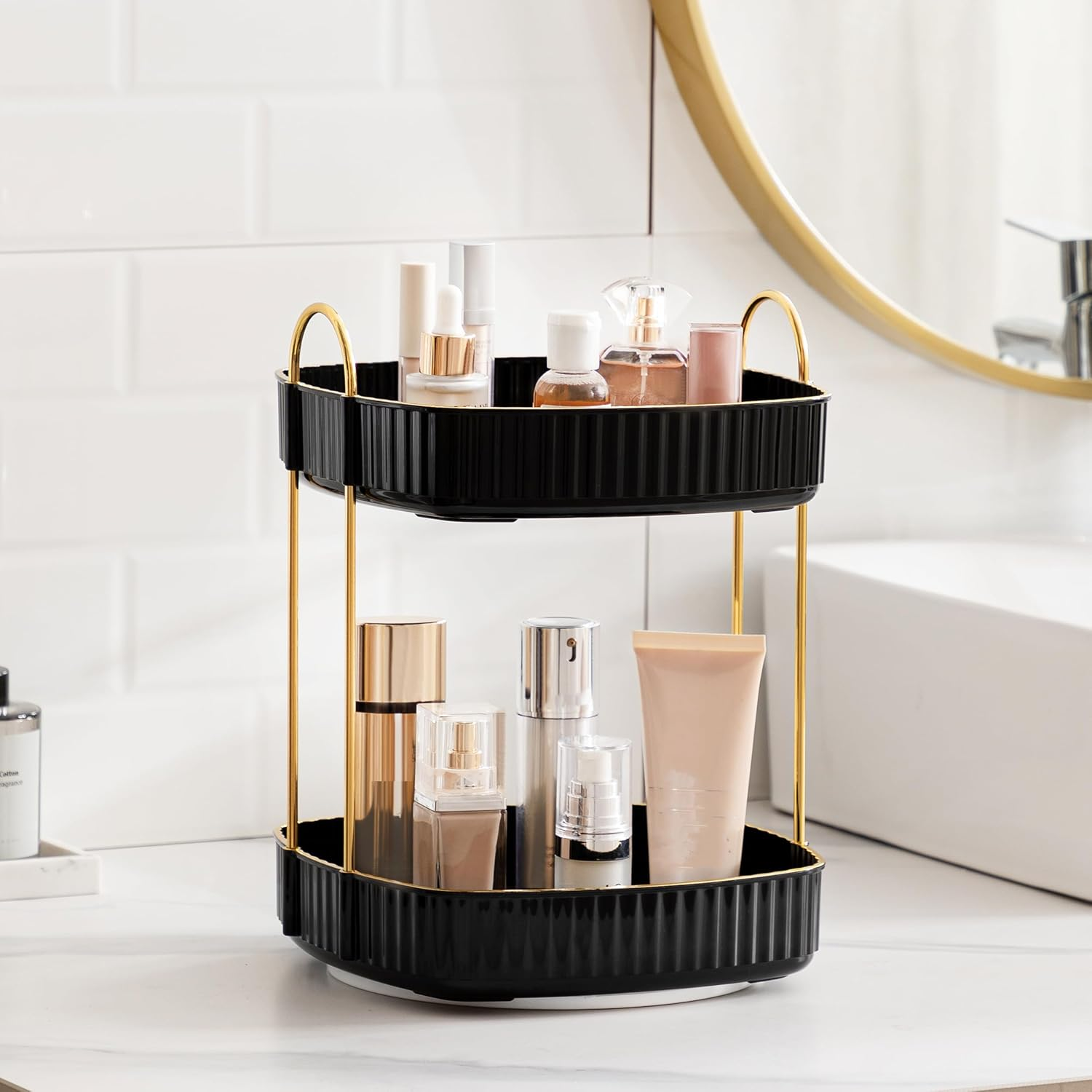 Makeup Organiser Rotating, Square 2 Tier Cosmetic Perfume Beauty Skincare Organiser Stand,Large Capacity 360 Spinning Organiser Storage for Vanity Bathroom Desk Countertop,Black