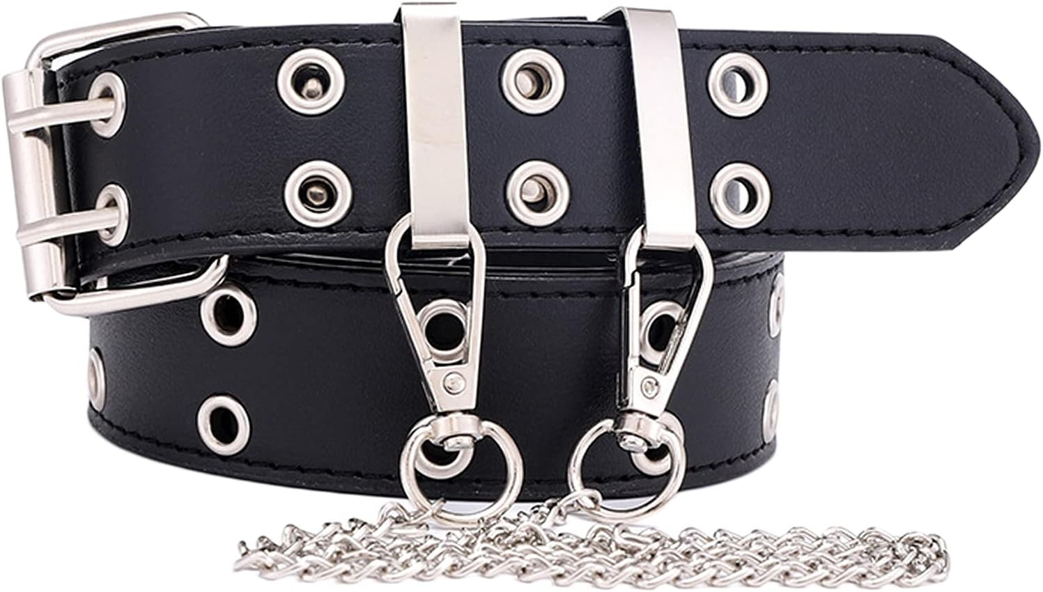 Kowaku Double Grommet Belt for Women Men Leather Punk Rock Adjustable Belts Double Prong Buckle Eyelet Hollow Waist Belt