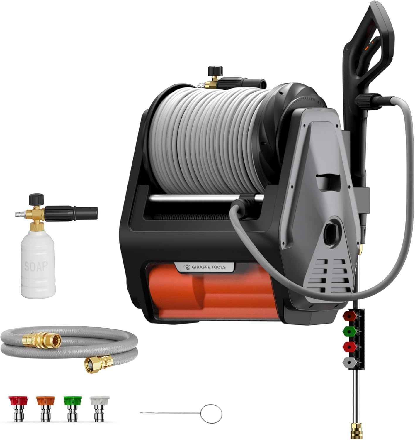 Giraffe Tools Grandfalls Pressure Washer Pro, Electric Wall Mounted Pressure Washer with 30M Retractable Pressure Hoses, 3300PSI, 1.6GPM, 4 Nozzles, Foam Cannon for Cars/Patios, Dark Silver