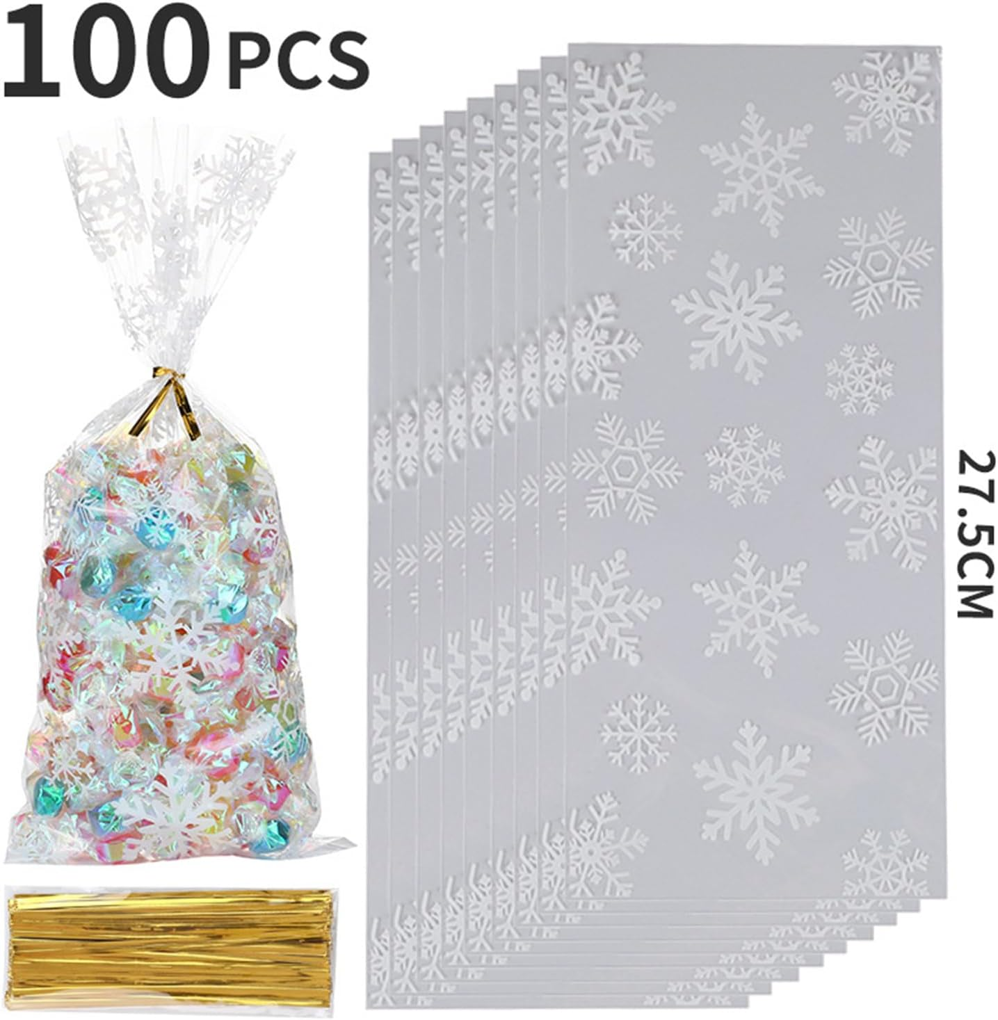 100 Pieces Christmas Treat Candy Bags, Christmas Cellophane Bag with Twist Ties Candy Cookie Bags for Party Supplies, Christmas Holiday Party Goody Supplies (White) image number 4