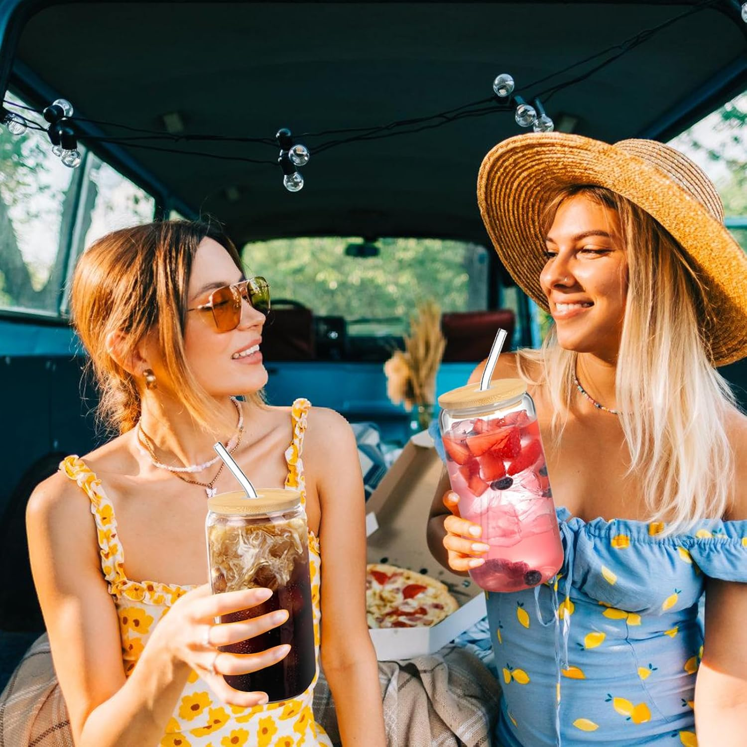 20 Oz Drinking Glasses with Bamboo Lids and Straws 2 Pack, Glass Coffee Cups,Glass Tumbler for Smoothie,Cocktail,Whiskey,Soda,Matcha-2 Glasses Straw 2 Brush image number 1