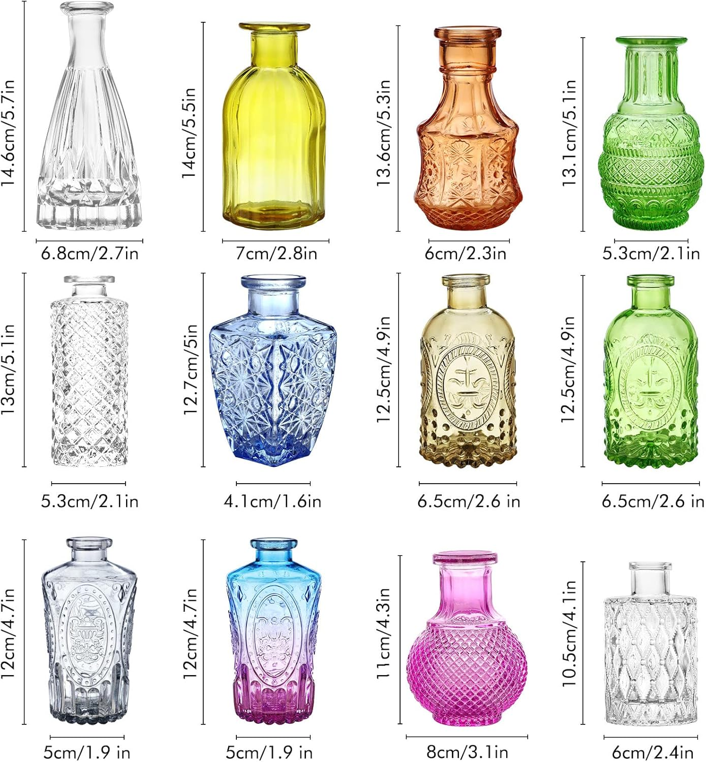 Glass Bud Vases Set of 12,Small Vases for Flowers,Colored Bud Vases Bulk,Mini Decor Rustic Vases for Centerpieces,Vintage Glass Bottles for Wedding, Home,Table Gift Set image number 4