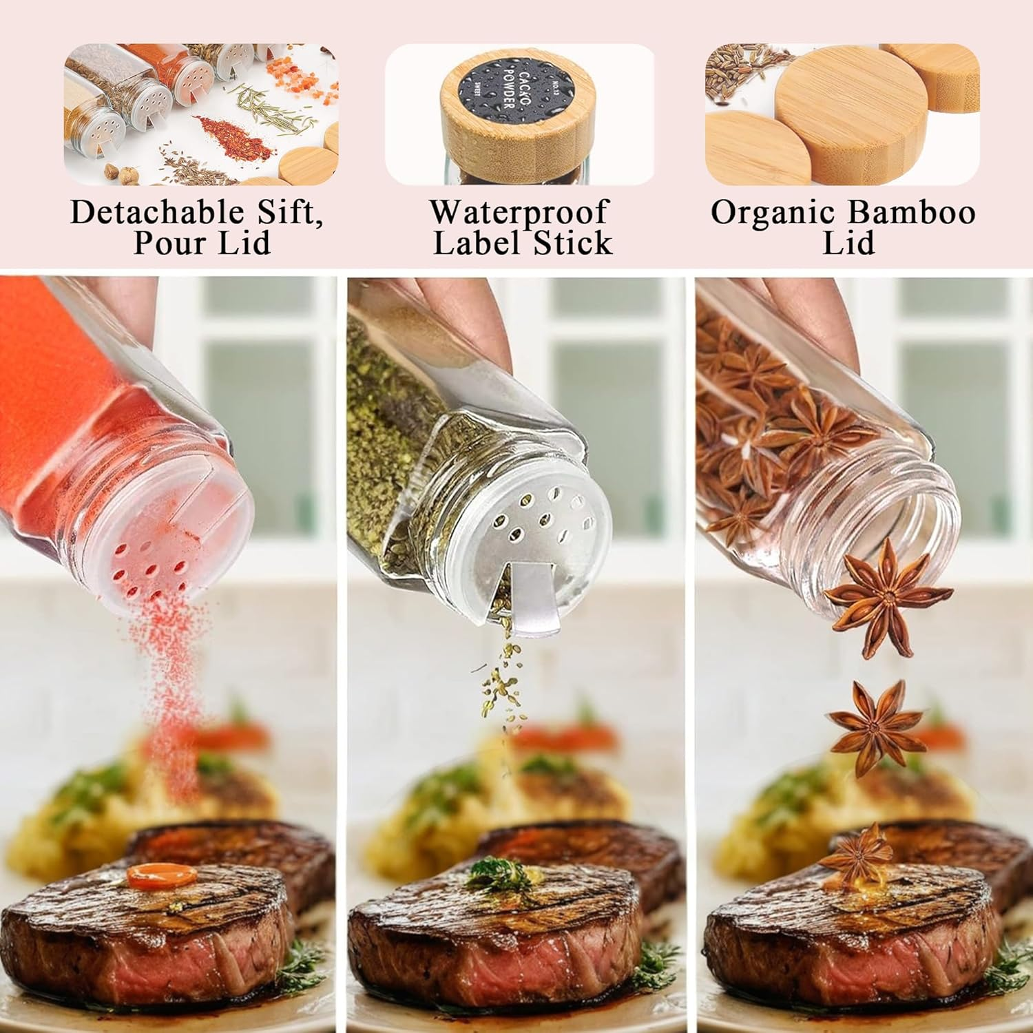 LIKHOPER Spice Jars Set of 12 &ndash; 120Ml Square Glass Bottles with Bamboo Lids, 2 Manual Grinder Tops, Kitchen Spice Storage Containers image number 1