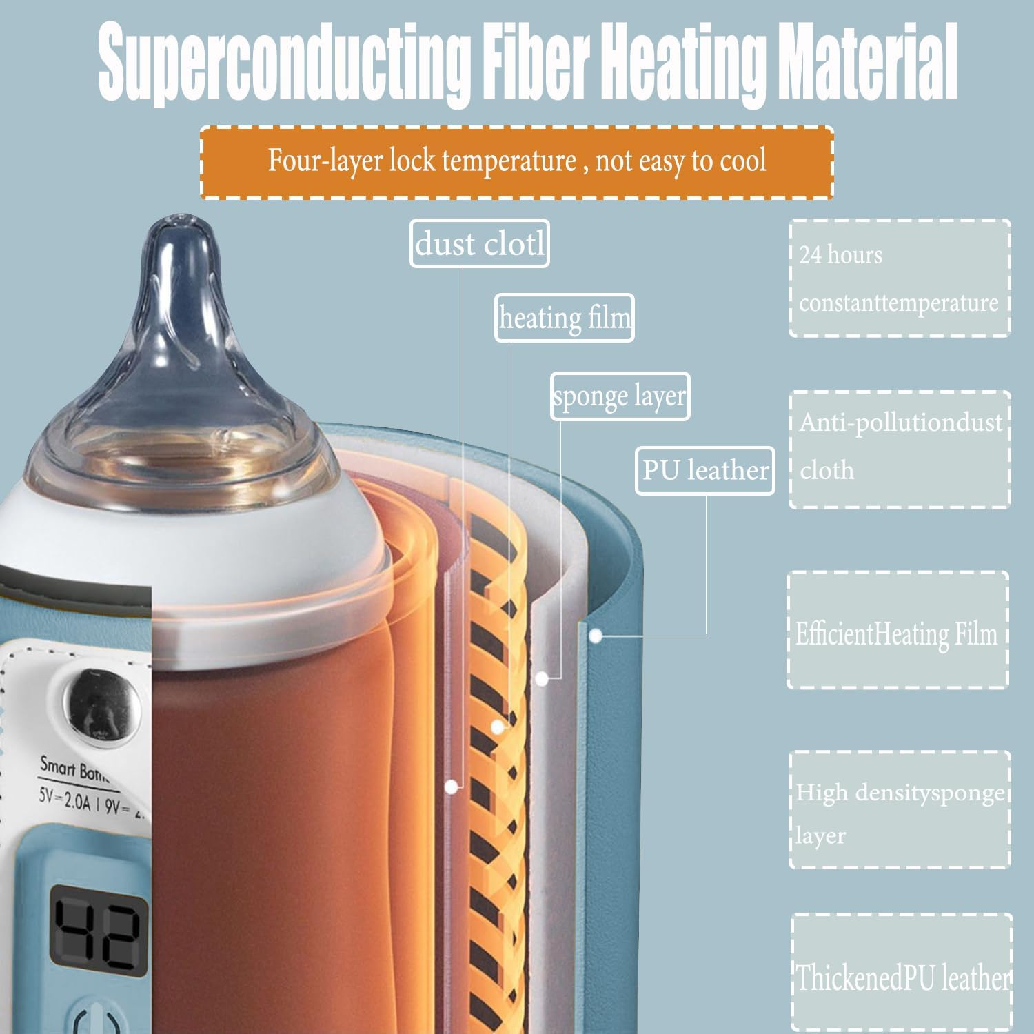 KGYMJR Baby Bottle Warmer, Portable Bottle Warmer Bag with USB Charge , Constant Temperature Bottle Warmer with Temperature Display,Five Gear Adjustable,Fast Heating for Night Feedingtravel Daily Use (Blue) - Orange image number 3