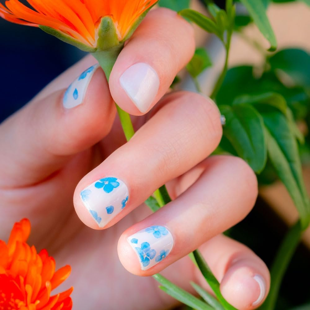 Wilana Gel Nail Stickers - Long-Lasting Semi-Cured Gel Nail Strips - Blue Flowers with Pale Pink (Whisper) image number 5