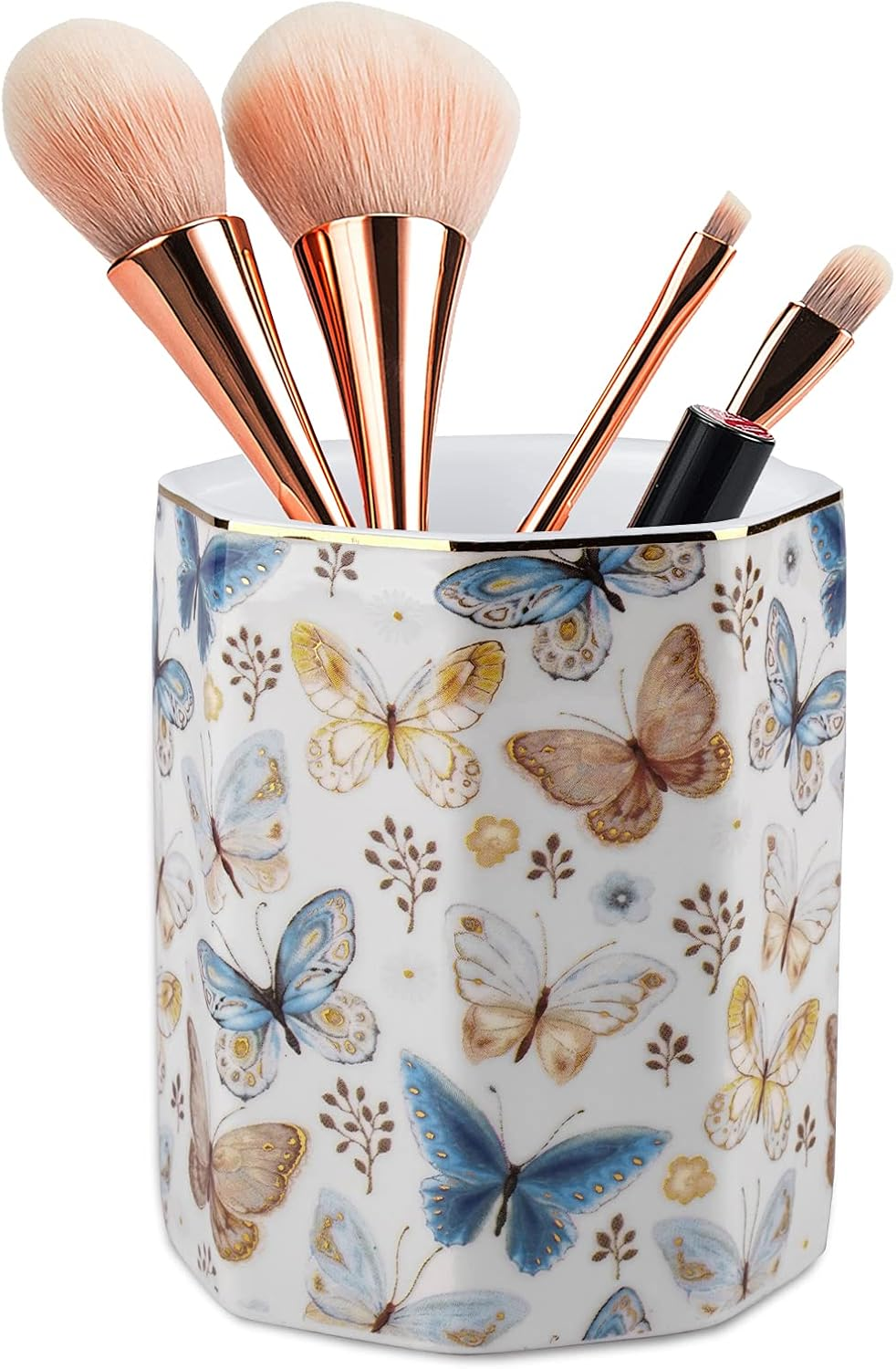 Jwest Pen Holder, Ceramic Shiny Gold Graphic Butterfly Pattern Pencil Cup for Girls Kids Women Durable Stand Desk Organizer Makeup Brush Holder Gift for Office, Classroom, Home Butterfly image number 6