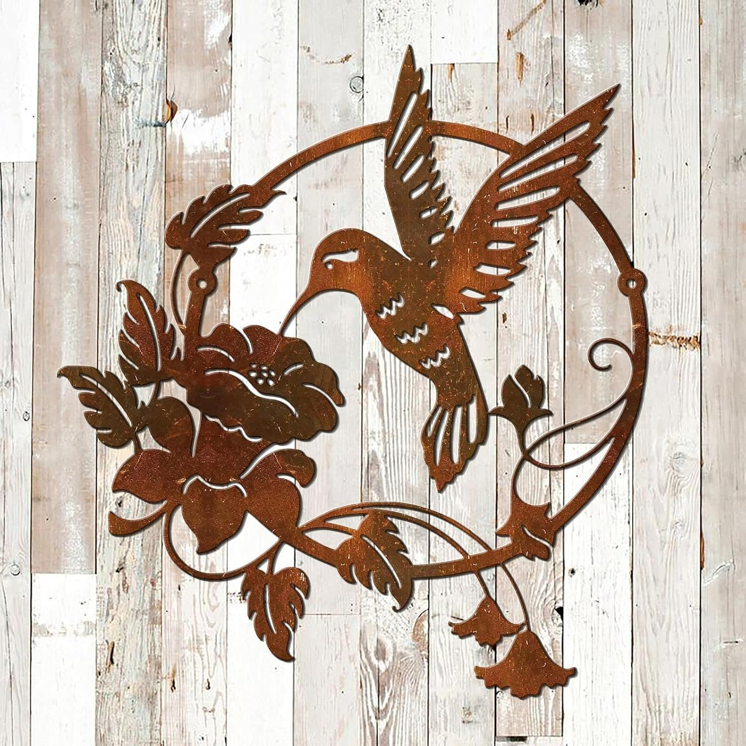 Round Metal Bird Wall Art Decor - Hummingbird Wall Art Silhouette for Your Patio, Garden, and Fence Art Decor, Bird Wall Silhouette Indoor and Outdoor Hanging (Brown) - Yellow image number 3