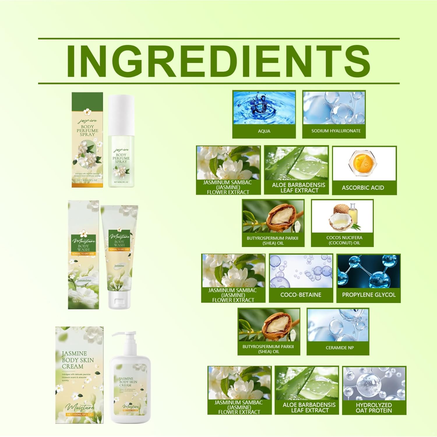 Moggemol Floral Jasmine Body Wash and Lotion Set with Perfume 3 Piece Gift Bundle for Women Long Lasting Fragrance Softening Moisturizing White One Size image number 4