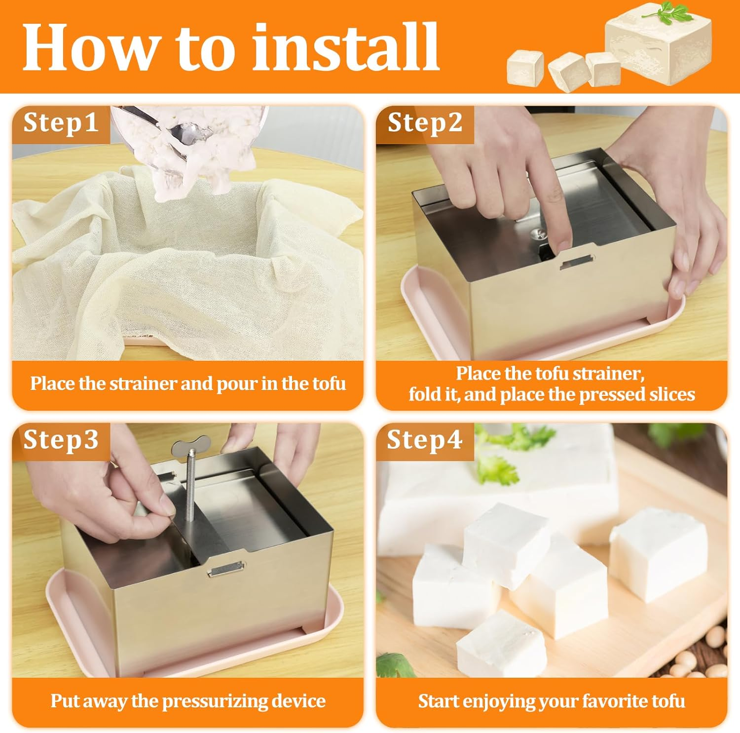 Tofu Press Kit, Food Grade Stainless Steel Tofu Press, Pressure Adjustable Tofu Maker, Detachable Tofu Maker Press Mold Kit with Drip Tray, Tofu Maker Machine for Home Tofu (L) image number 4