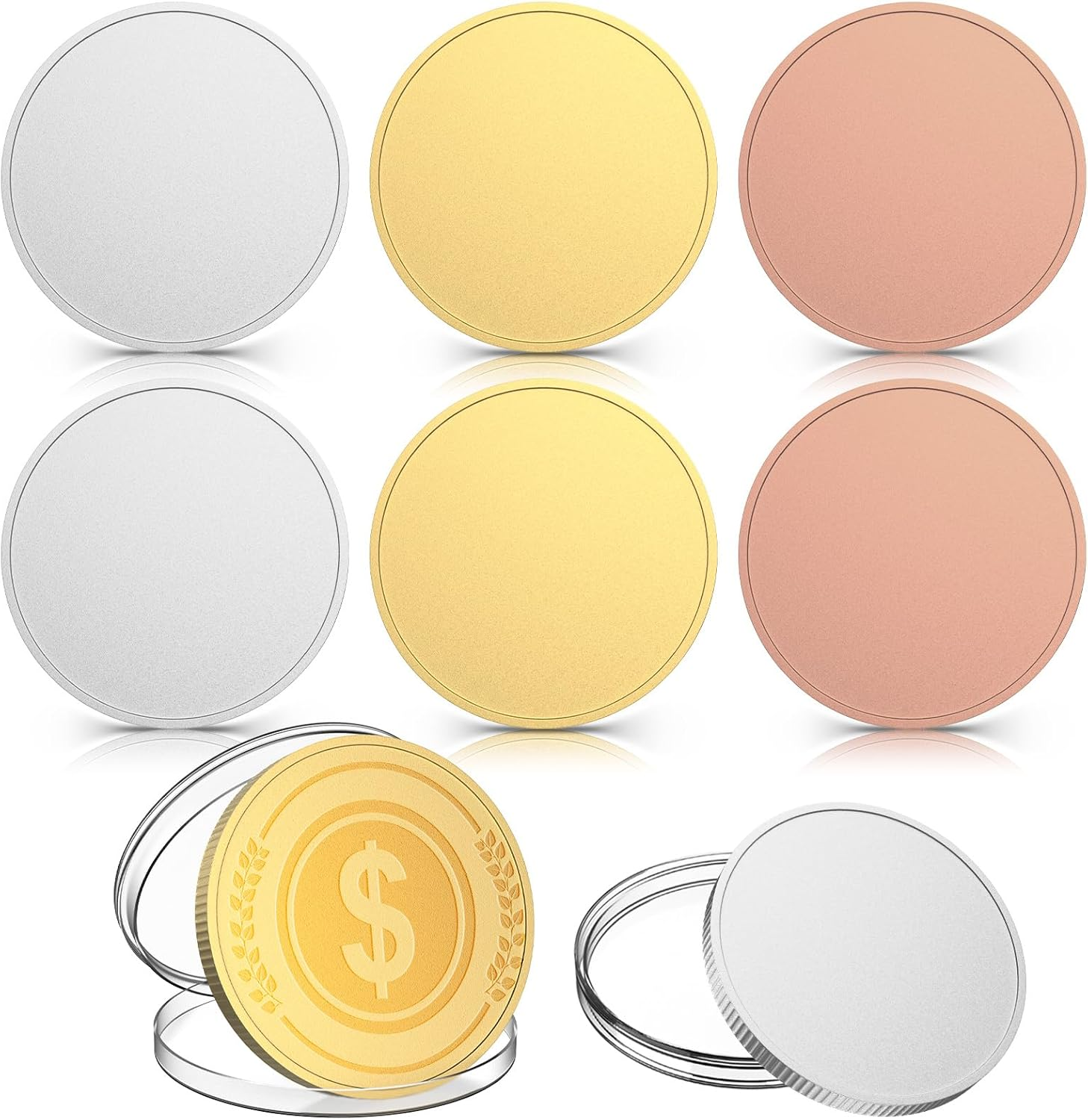 6 Pcs Blank Challenge Coin, Engraving Blanks Coins Threaded Edged 40 Mm with Acrylic Protection Box Laser Engravable Pattern for DIY Crafts Birthday Travel Commemorative Collection (Gold)