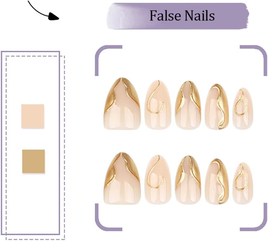 24 PCS Nude Almond Press on Nails Glossy Gold False Nails Short Fake Nails Full Cover Stick on Nails Art for Women and Girls Daily Decoration image number 5