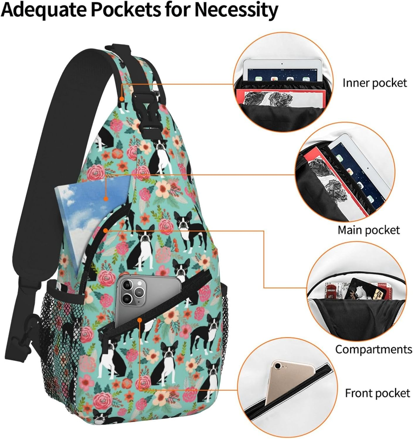 Cozimangoe Sling Bag for Woman and Man Reversible Shoulder Strap Crossbody Backpack Travel Hiking Biking Climbing Outdoors, Personalized Patterns, Boston Terrier with Flowers image number 6