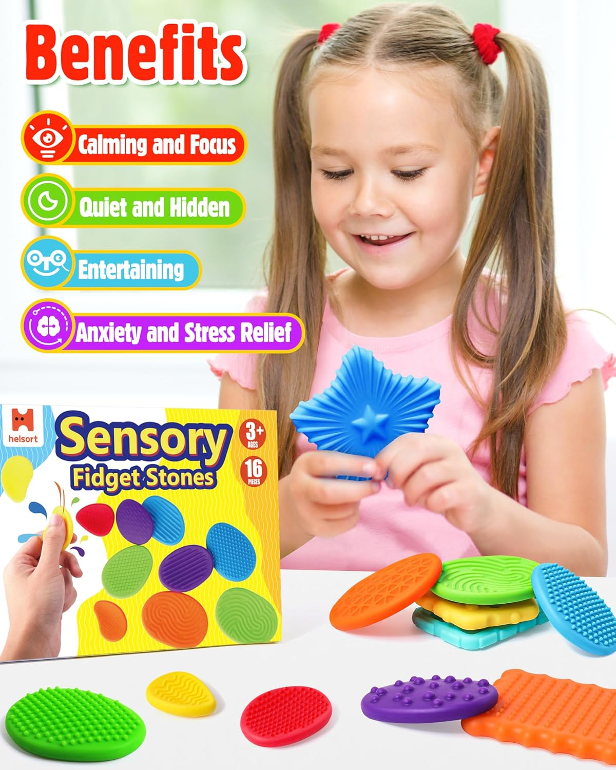 Sensory Fidget Toys for Kids Adults: 16 Pack Textured Silicone Worry Stones for Anxiety Relief, Sensory Stress Toy for Autism Kids Calming, Quiet Small Fidgets for Classroom Prizes image number 3