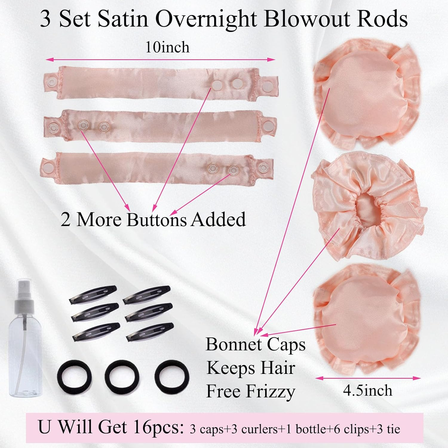 CLIONE 3 Sets Overnight Heatless Curls Blowout Rods Silk Hair Curlers to Sleep in Satin Heatless Curling Set Zero Heat Bun Bons with Bonnet Cap No Heat Headband Roller Wrapper Fpink image number 1
