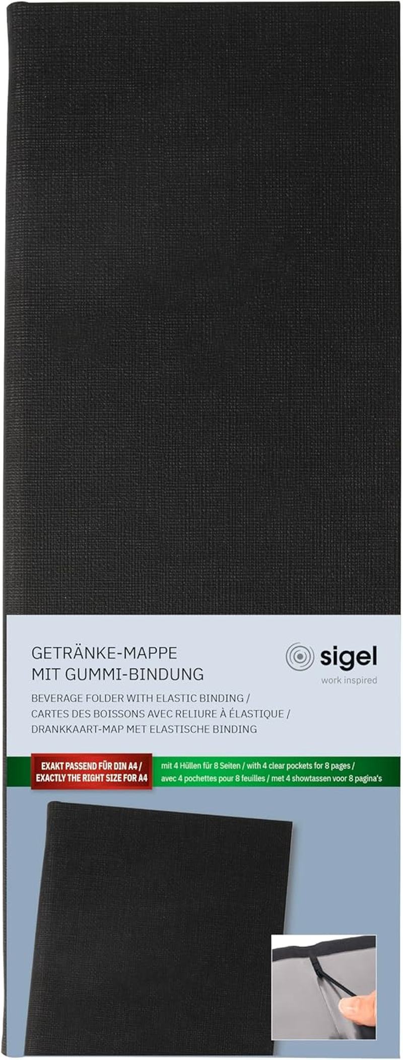 SIGEL GM100/5 Menu Bar Format 1/2 A4 Drinks Folder Rubber Binding Black with Linen Texture Pack of 5 Durable and Easy Wipe Clean