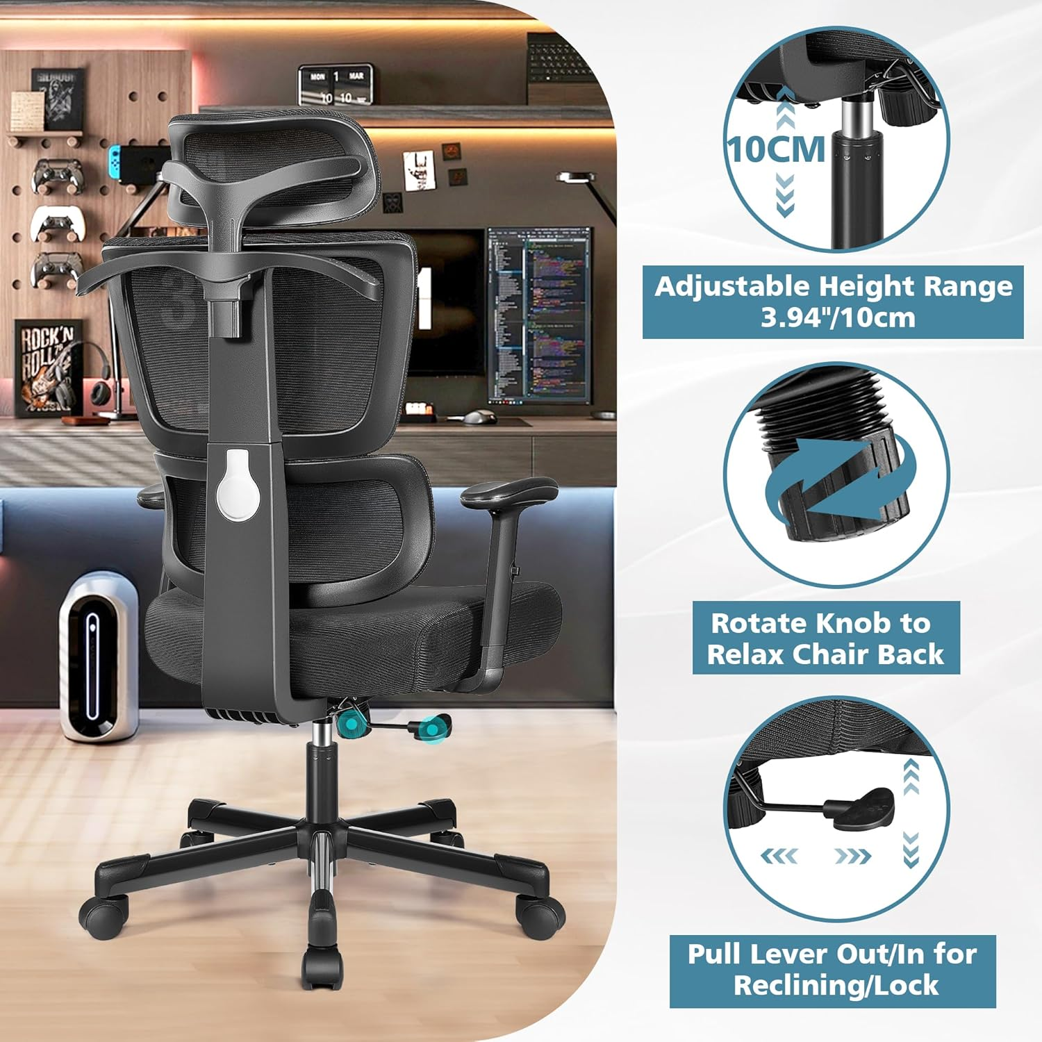 Primy Office Chair Ergonomic Desk Chair, High Back Breathable Mesh Office Chair with Lumbar Support Reclining Chair, Comfy Big and Tall Home Office Chair, Adjustable Armrests Computer Chair(Black) - White image number 5