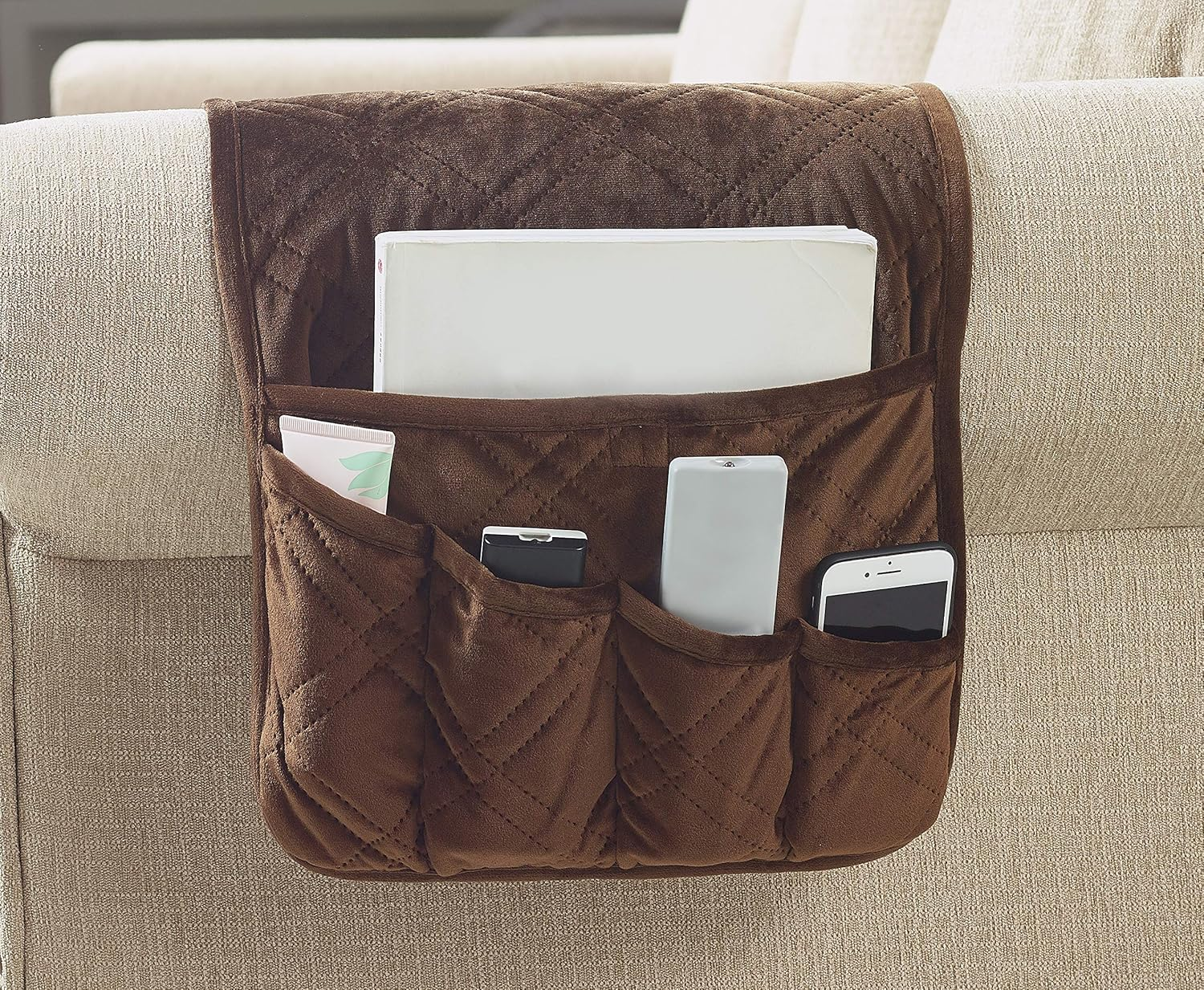 Brilliant Sunshine Chocolate Velvet Couch Armrest 5 Pockets Organizer, Slip Resistant Recliner Armchair Caddy, Washable Remote Controls Holder, Storage for Magazine, Tablet, Ipad, 35&times;13", Chocolate image number 7