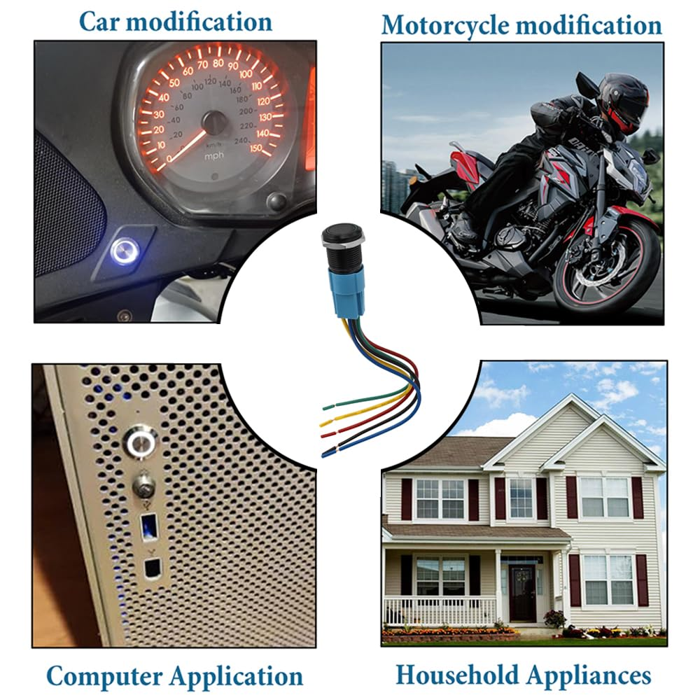 Yakamoz 2Pcs 16Mm Latching Push Button Switches, 12V on off Reset Button with Sockets Green LED Wiring Harness, Waterproof Marine Push Button for Car (Black Shell) image number 4