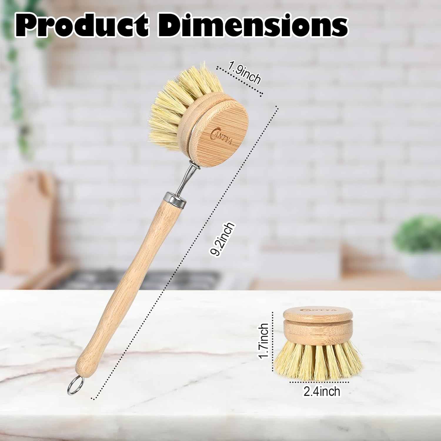 Bamboo Dish Brush with Handle 4 Replacement Heads, Eco-Friendly Soft Sisal Dish Scrubber Bamboo Wok Brush for Cleaning Kitchen Utensils image number 1