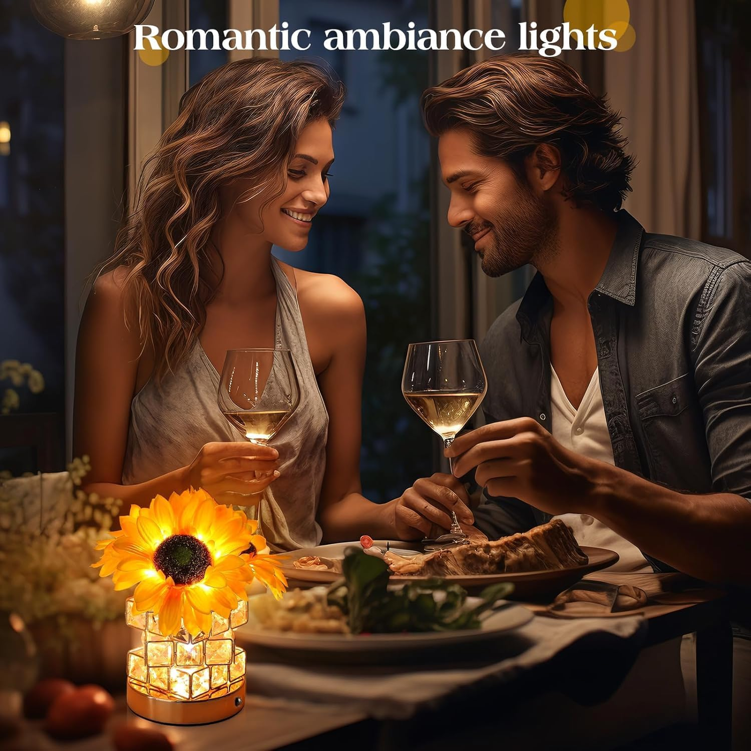 Sunflowers Flower Lamp, USB Rechargeable Cordless Lamp, 3 Colours Infinitely Dimming Small Night Light, with Artificial Crystal Vase, Festival Restaurant Bedroom Birthday Gifts for Women Mom (Yellow) image number 3