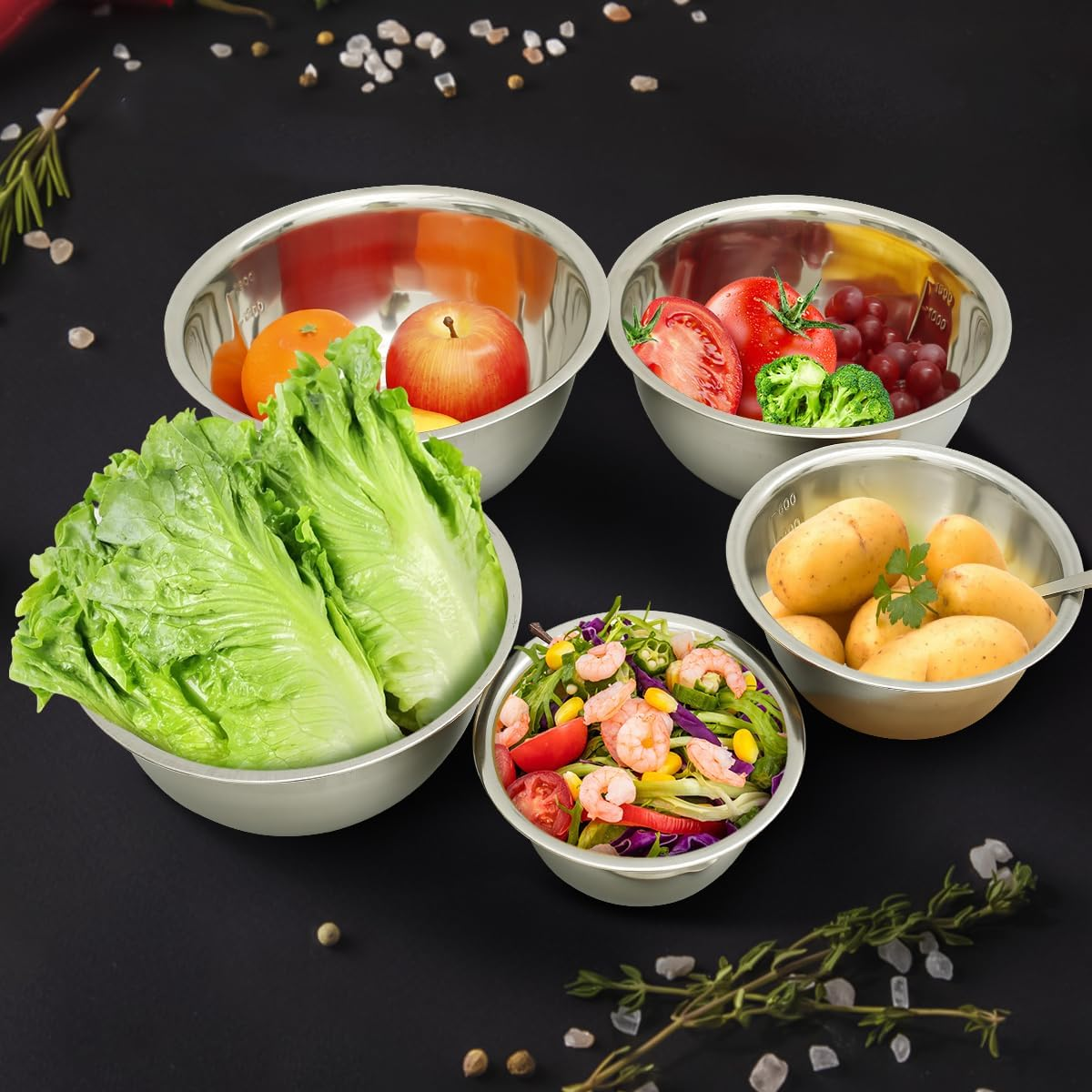 5Pcs Mixing Bowls Stainless Steel 5 Sizes Baking Bowls Mixing Set, Multipurpose Kitchen Utensils Cooking Set Mixing Bowls for Kitchen Mixing Baking Prepping Cooking Serving