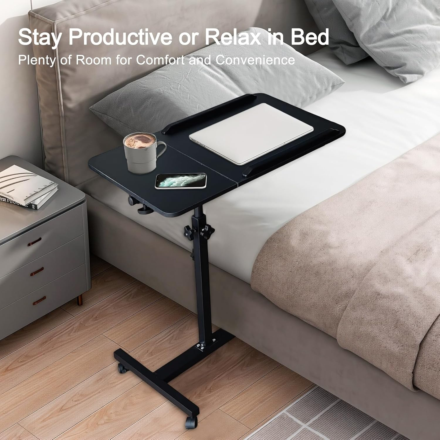 ONEIN Adjustable Laptop Table for Bed Couch Sofa, Portable Standing Desk with Rolling Casters for Home Office, C Shaped Small Study Table, Tiltable & Stable (Black) image number 6