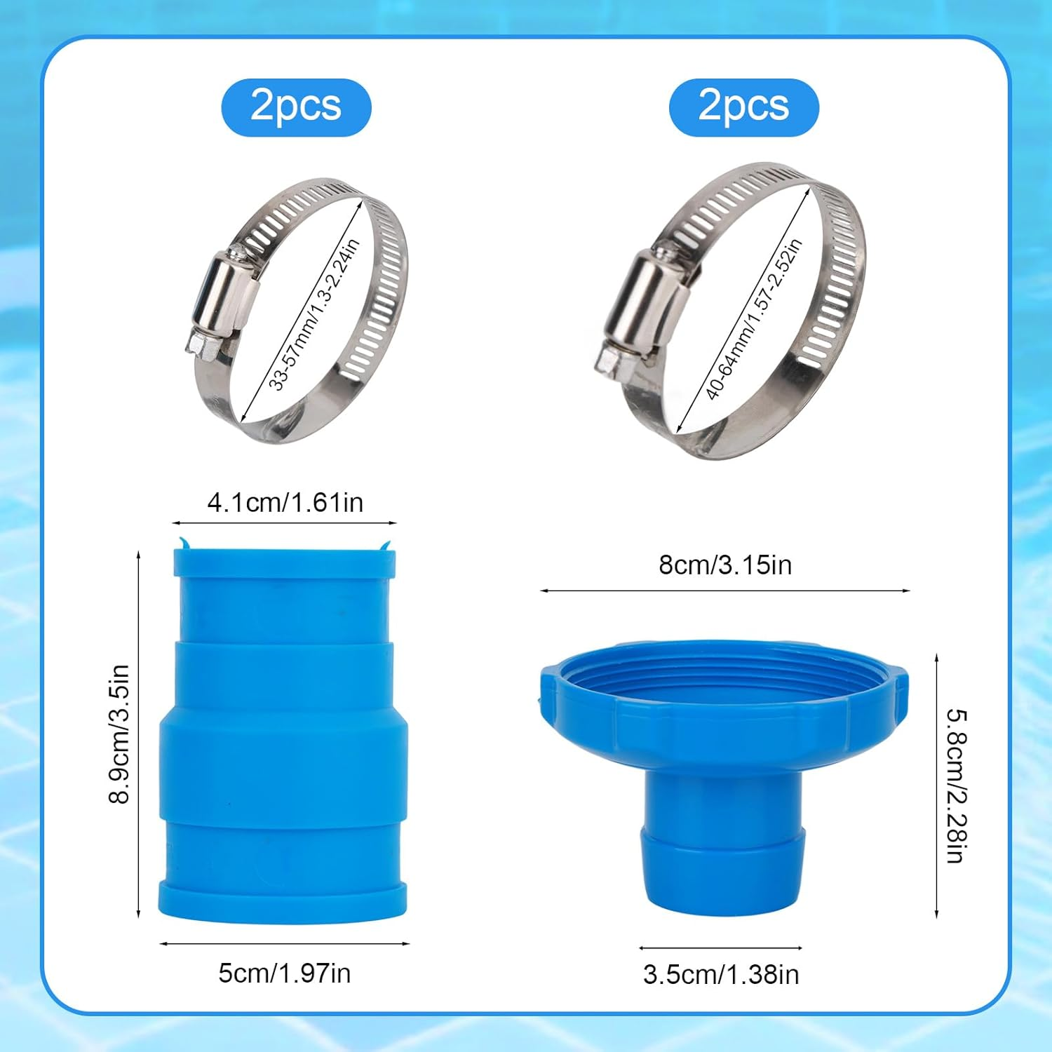 BOXOB Pool Vacuum Hose Adapter B, for Intex above Ground Skimmers Screw Clamps Included Replacement Connector for Filter Pump Hoses & Skimmer Cleaners (Blue)