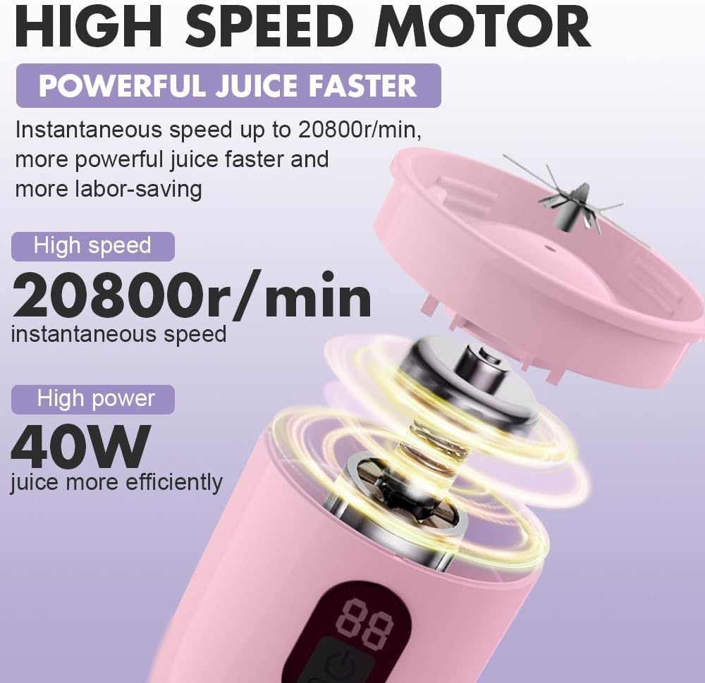 Portable Blender, 500Ml Blender Smoothie with Digital Display, Rechargeable Mini Blender Portable 1500Mah Battery, 16 Blades Blender Smoothie for Travel Kitchen Office Outdoor, Pink image number 4