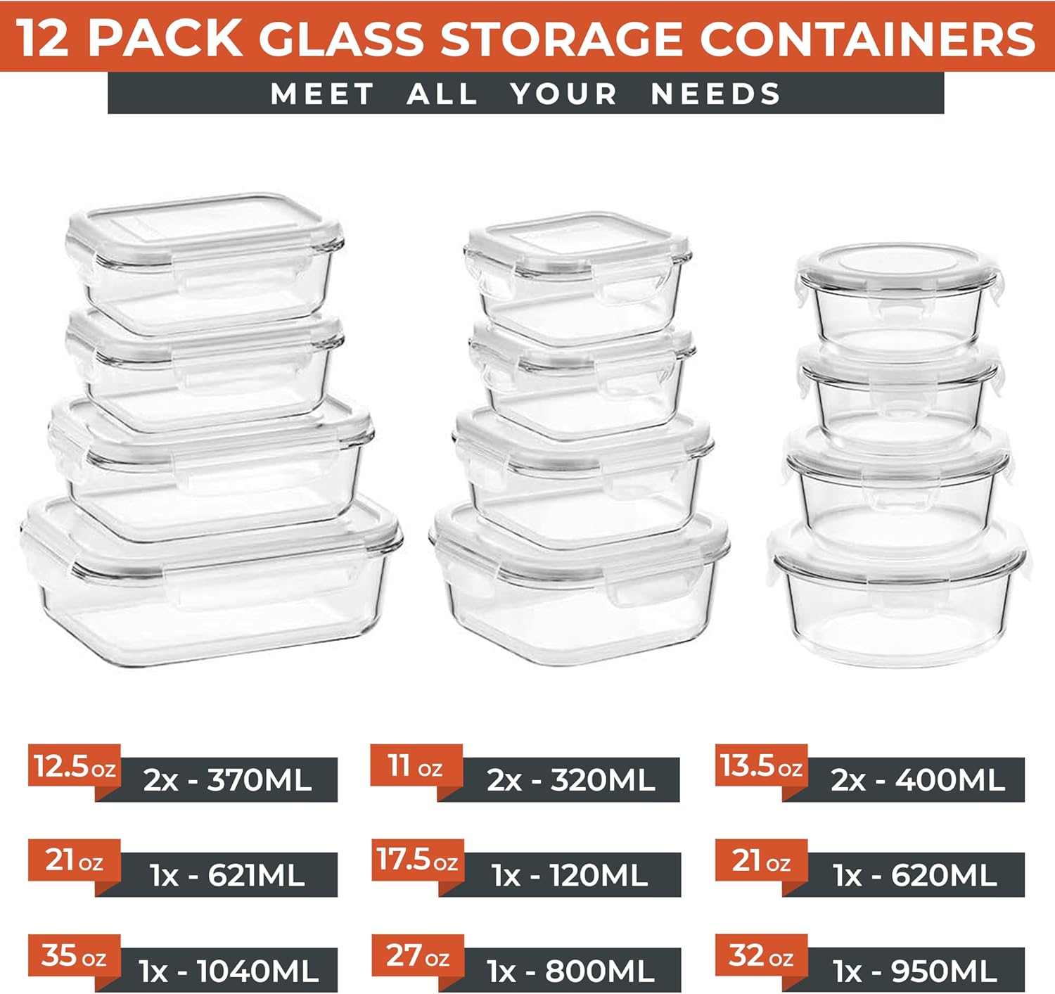 RFAQK Glass Food Storage Containers with Lids 24 Pcs (35Oz-11Oz) Airtight Glass Meal Prep Container for Kitchen Storage & Organisation- Leakproof Lunch Box Safe for Oven,Freezer, Dishwasher image number 4