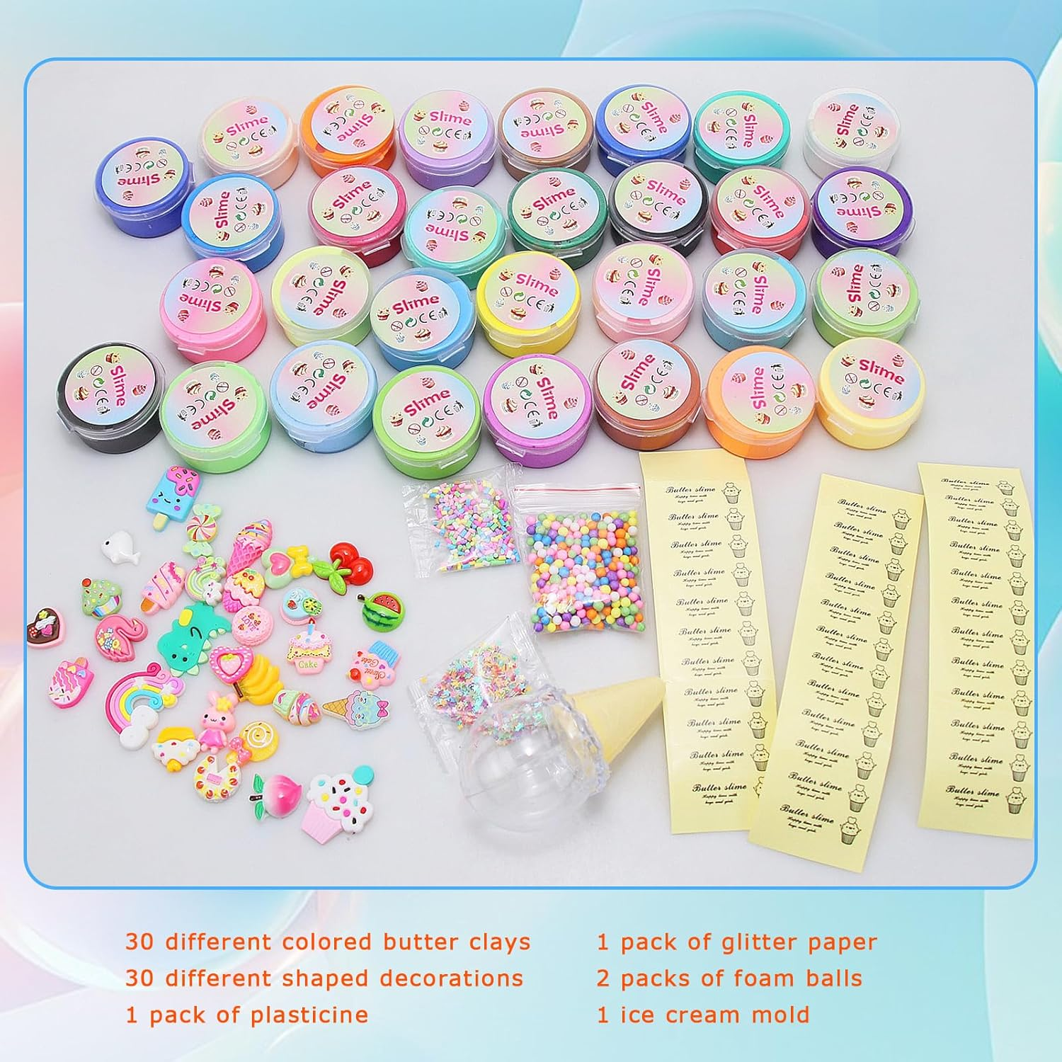 30Pack Butter Slime Kit with Cake Charms, 30ML DIY Educational Slime Toys, Super Soft & Non-Sticky Stress Relief Toy for Girls and Boys, Party Favors and Birthday Gift, Easter Basket Stuffers image number 2