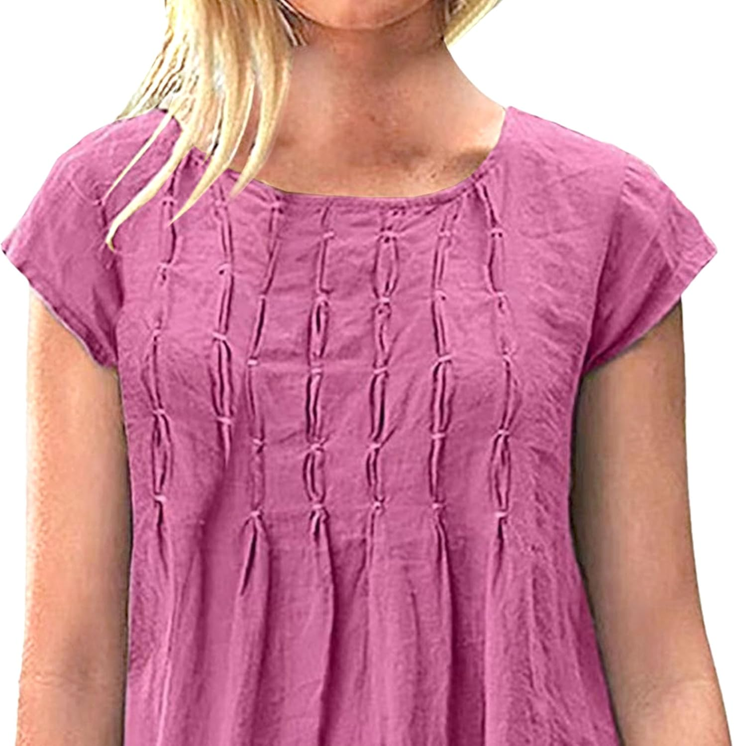 Women'S Cotton Linen Pleated Midi Dresses Casual round Neck Shift Dress Short Sleeve Beach Vacation Sundress image number 4