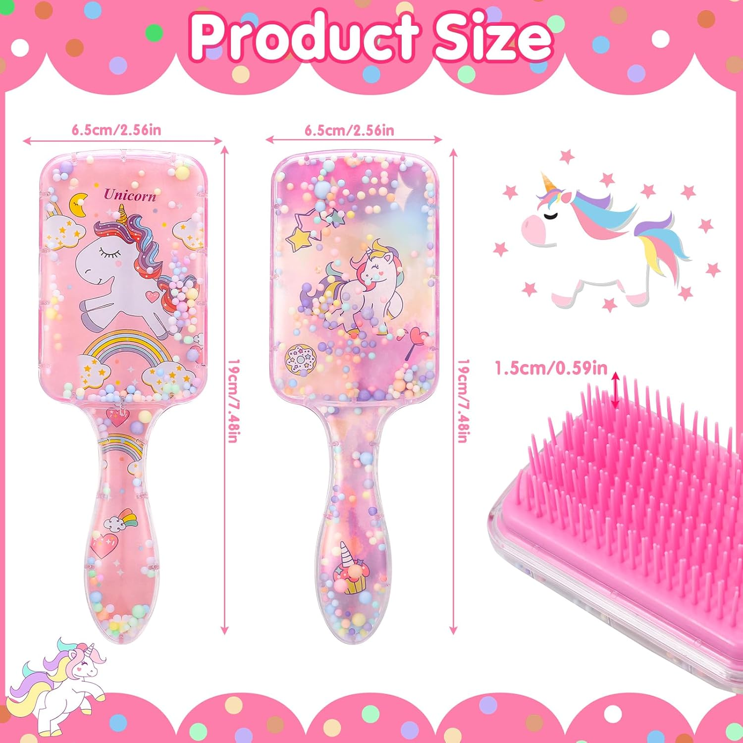 Dusaniyali Pack of 2 Children'S Hair Brushes, Unicorn Hair Brush, Girls Cartoon Hair Brush, Children, Toddlers, Detangling Brushes, Hair Brush, Children, Dry and Wet Hair Brush with Rainbow Sequins image number 3